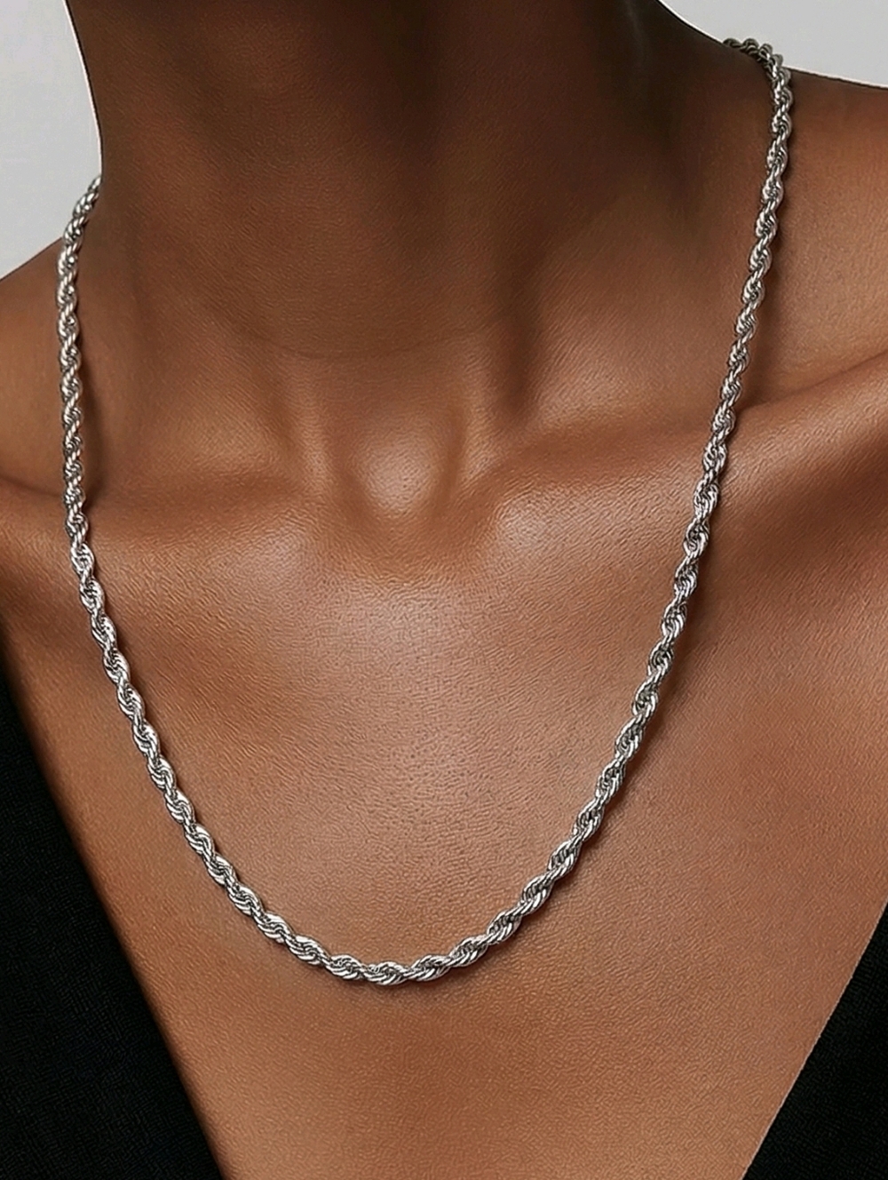 Silver Rope Chain Necklace 3mm Stainless Steel Twisted Classic Minimalist Trendy